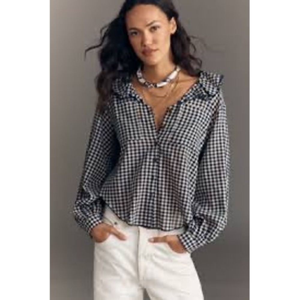 Pilcro Anthropologie Remy Ruffle Collar Buttondown Shirt Brown Gingham Check